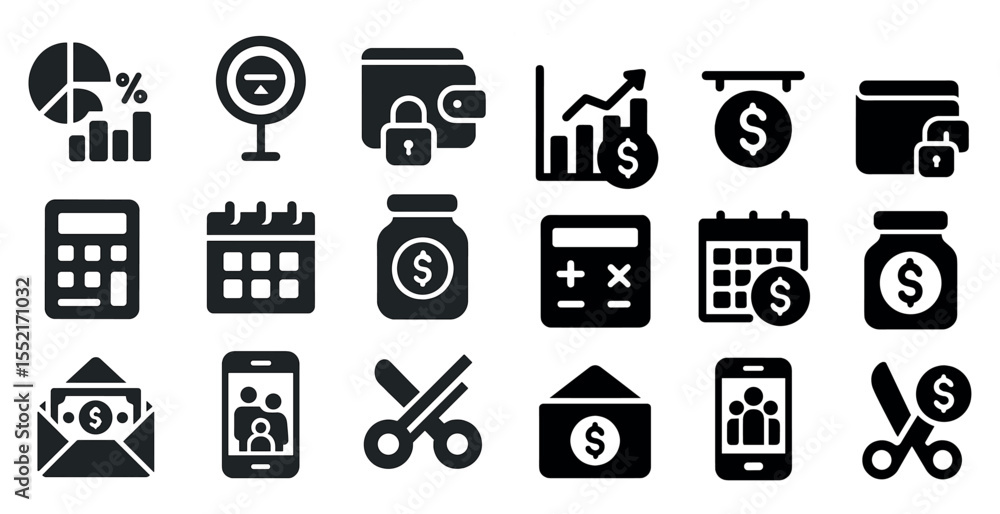 Finance and budgeting solid icons set – filled, accounting, currency management symbols Finance and budgeting solid icons set – filled, accounting, currency management symbols