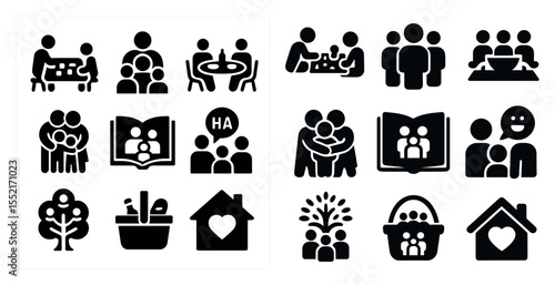 Family and community solid icons set – filled, silhouette, bonding and togetherness symbols