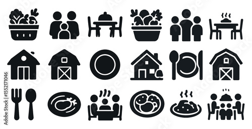 Dining and family solid icons set – filled, silhouette, meal and home concepts