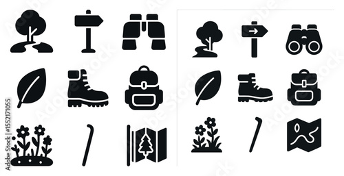 Outdoor adventure silhouette icons set – solid, camping, hiking, nature symbols