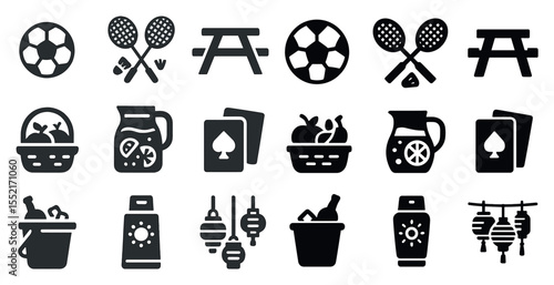 Sports and leisure solid icons set – silhouette, filled, recreation symbols