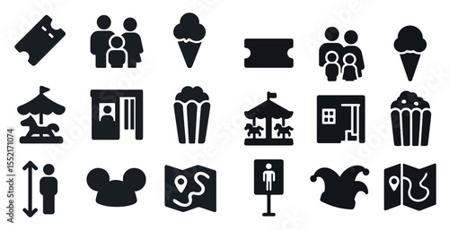 Amusement park solid icons set – silhouette, filled, theme park and entertainment symbols