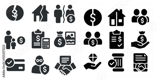 Divorce and finance icons set – solid, silhouette, legal and financial symbols