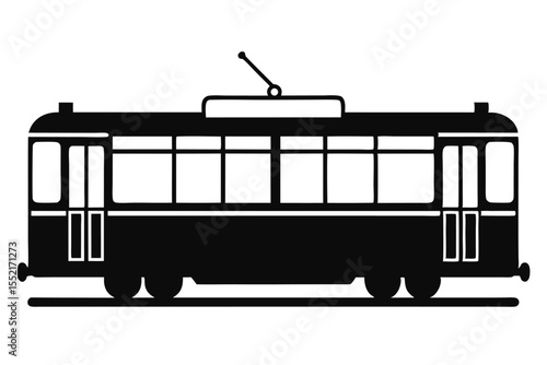 Black Silhouette Illustration of an OldFashioned Electric Streetcar With Visible Windows and Doors
