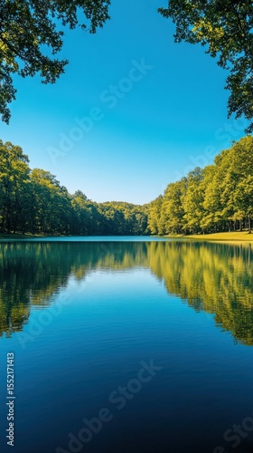 Serene lake reflecting a vibrant summer sky.