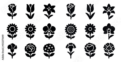 Floral silhouette icons set – solid, filled, botanical and plant symbol designs