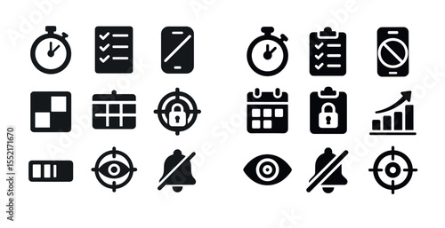 Time management icons set – solid, filled, productivity and scheduling tools