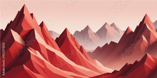 Abstract red and white mountain landscape with a fiery sunset sky and misty peaks