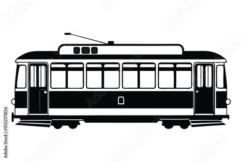 Black and White Illustration of a VintageStyle Tram or Trolley Car Silhouette Graphic