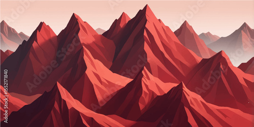 Red abstract lines form a textured mountain landscape with a fiery sunset glow