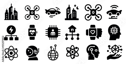 Futuristic technology icons set in solid style – gadget, innovation, tech symbols