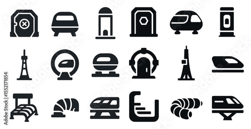 Metro and transportation icons set in silhouette style – transit, railway, subway