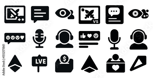 Gaming and podcasting solid icons set – silhouette, media, digital symbols