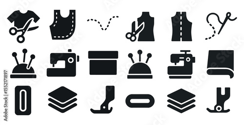 Sewing silhouette icons set – flat, tailoring, dressmaking symbols collection