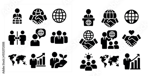 Global business silhouette icons set – corporate, networking, professional visuals