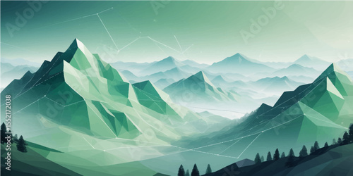 Mountain landscape panorama with snowy peaks, blue sky, and forest