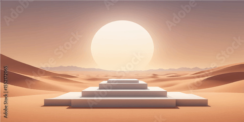 Sunlit Pyramid of the Sun in the desert at sunset with an orange and red sky