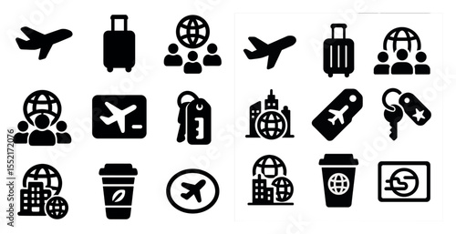 Travel and tourism icons set – silhouette, solid, vacation and trip symbols