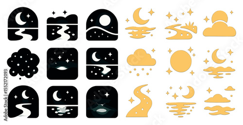 Night and sky outline icons set – celestial, lunar, cosmic symbols collection