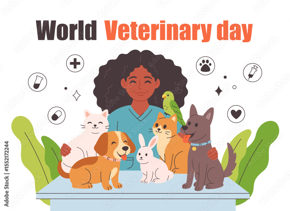 Fototapeta premium Veterinary doctor with pets. Pets in a veterinary clinic. Veterinarian day. Vector illustration in flat style