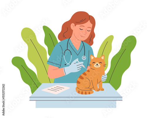 Veterinary doctor examining and cure pet in veterinarian office. Pets in a veterinary clinic. Veterinarian day. Vector illustration in flat style