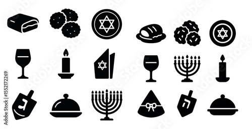 Jewish holidays silhouette icons set – ceremonial, solid, cultural symbols