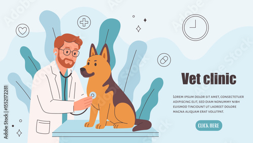 Veterinary doctor examining and cure pet in veterinarian office. Pets in a veterinary clinic. Veterinarian day. Vector illustration in flat style