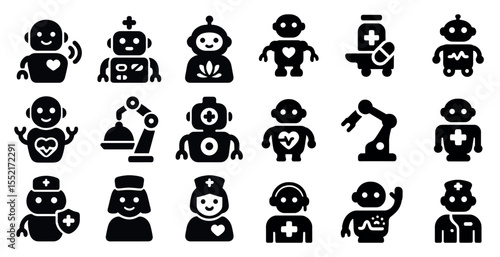 Healthcare and medical icons set – filled, solid, robotic and nurse symbols