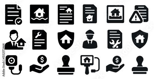 Real estate and home solid icons set – filled, property, rental graphics