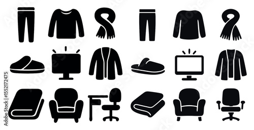 Fashion and furniture silhouette icons set – solid, filled, clothing and decor symbols