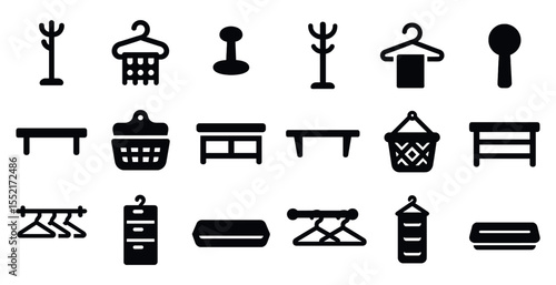 Home organization filled icons set – storage, tidy, household management symbols