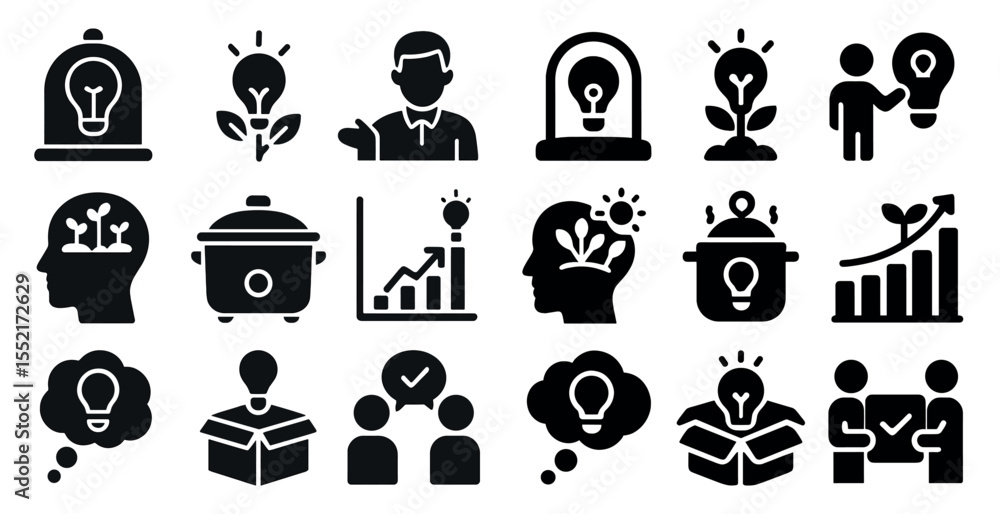 Fototapeta premium Business and innovation solid icons set – silhouette, filled, idea and growth symbols