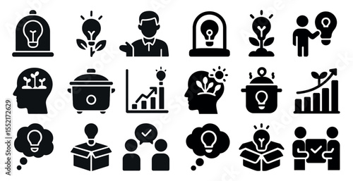 Business and innovation solid icons set – silhouette, filled, idea and growth symbols