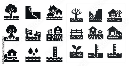 Natural disaster silhouette icons set – solid, filled, emergency and safety symbols