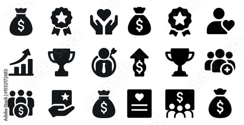 Business and finance solid icons set – money, investment, profit symbols
