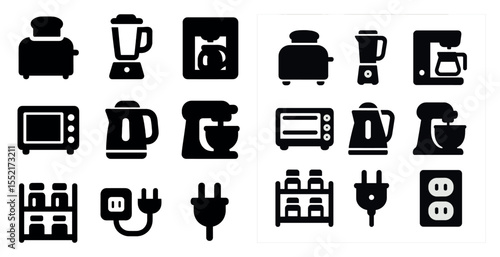 Kitchen appliances solid icons set – flat, filled, cooking and home essentials