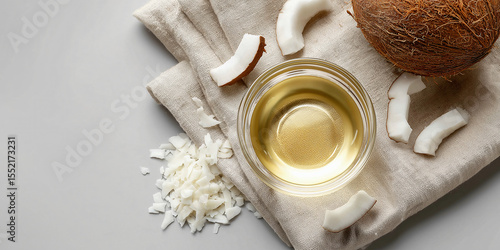 Coconut oil, flakes, and pieces, on a light-colored cloth, healthy lifestyle concept. The ingredients, fresh, and appetizing.