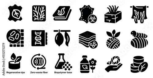Sustainable fashion solid icons set – eco-friendly, biodegradable, renewable materials