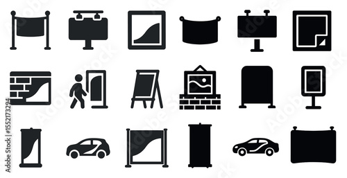 Advertising and signage solid icons set – flat, filled, marketing and display symbols