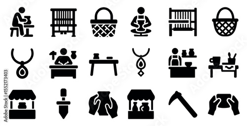 Pottery and craft solid icons set – filled, handmade, artisanal symbols