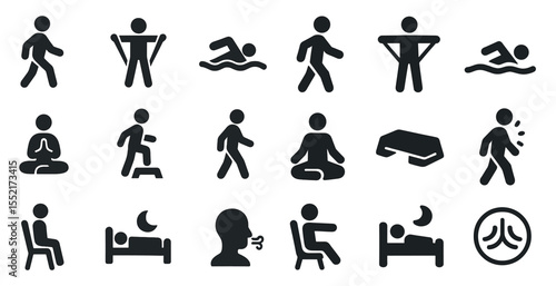 Health and fitness solid icons set – exercise, wellness, activity symbols