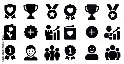 Achievement and success icons set – solid, filled, award and growth symbols
