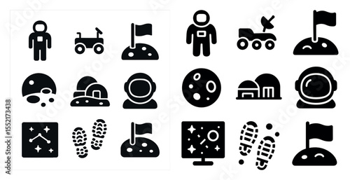 Space exploration solid icons set – filled, celestial, astronaut symbols