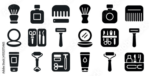 Grooming and beauty solid icons set – filled, personal care, hygiene symbols
