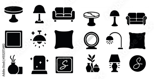Home decor solid icons set – filled, furniture, and interior design symbols