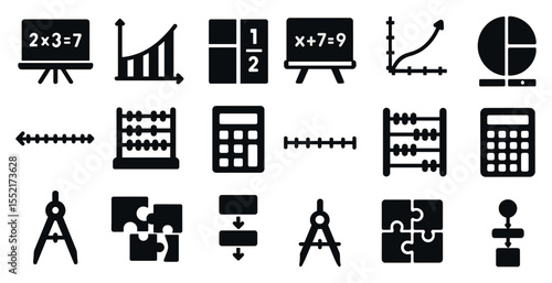 Mathematics education icons set – solid, filled, learning and calculation symbols