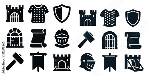 Medieval armor solid icons set – historic, filled, knight and battle symbols