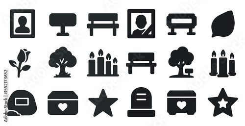 Memorial and tribute silhouette icons set – solid, filled, remembrance symbols