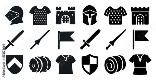 Medieval warfare silhouette icons set – solid, flat, knight and battle symbols