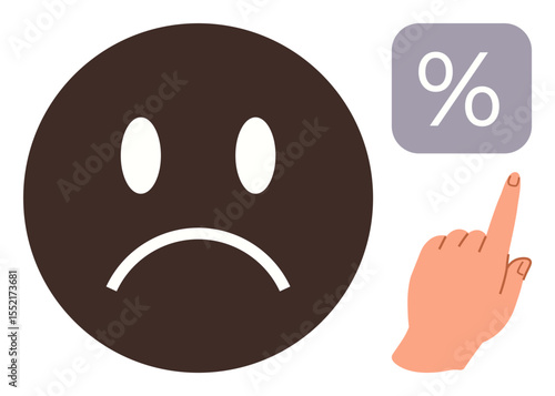 Sad face highlights unhappiness while finger points to percentage box, symbolizing dissatisfaction, failure, or disappointment. Ideal for feedback, rating, financial loss, customer dissatisfaction